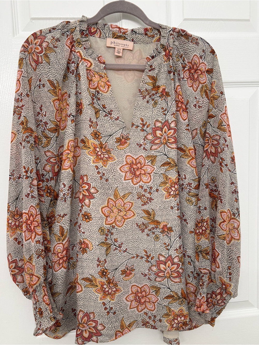 Philosophy Floral V-Neck Long Sleeve Blouse in Cream, Pink & Rust 1X